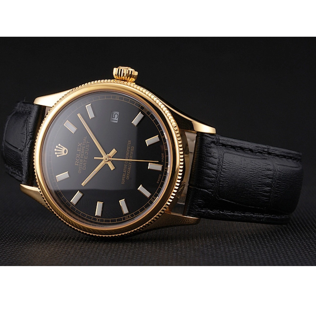 Rolex aaa copy Swiss Case Rolex Strap Leather Gold Black Black Datejust Dial 0626